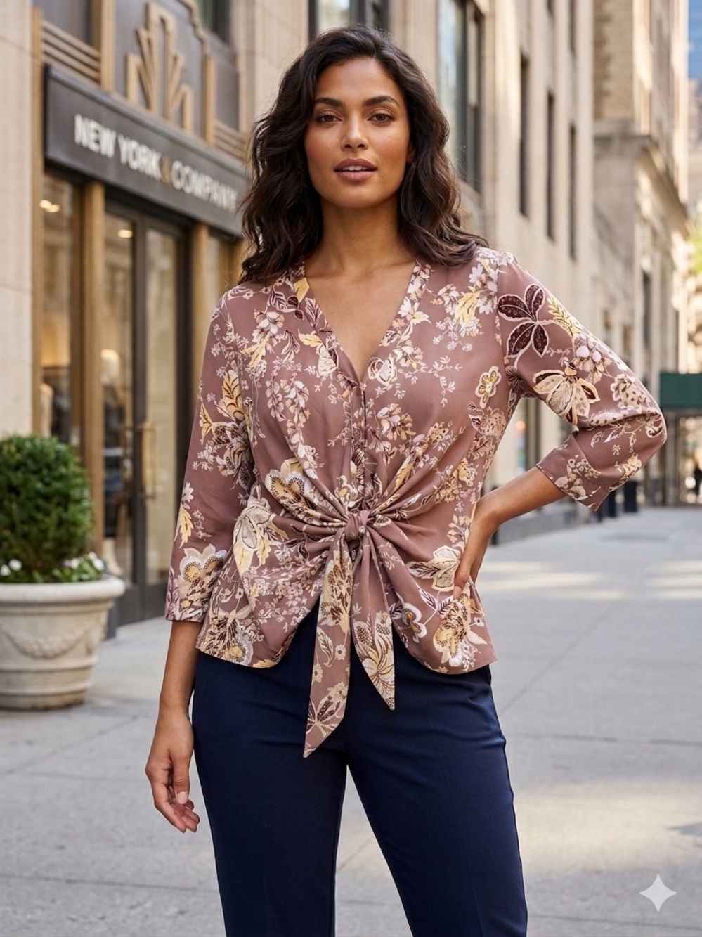 New York & Company 7th Avenue Floral Blouse Top Small Brown Office Boho Cottage